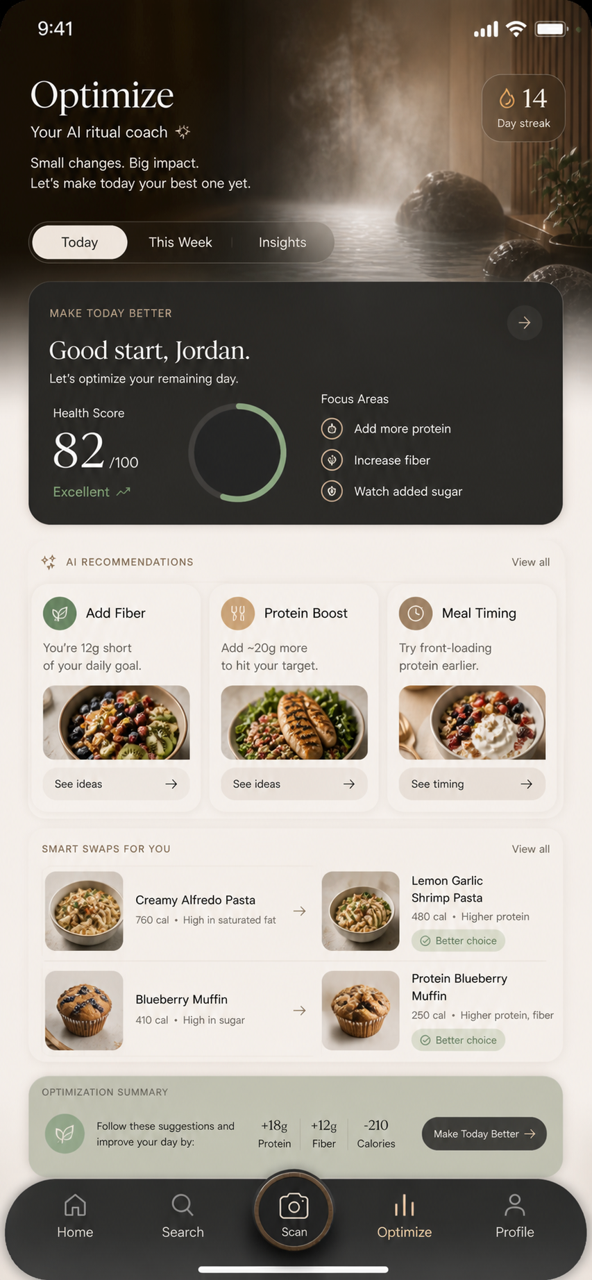 Sauna Optimize tab with AI recommendations