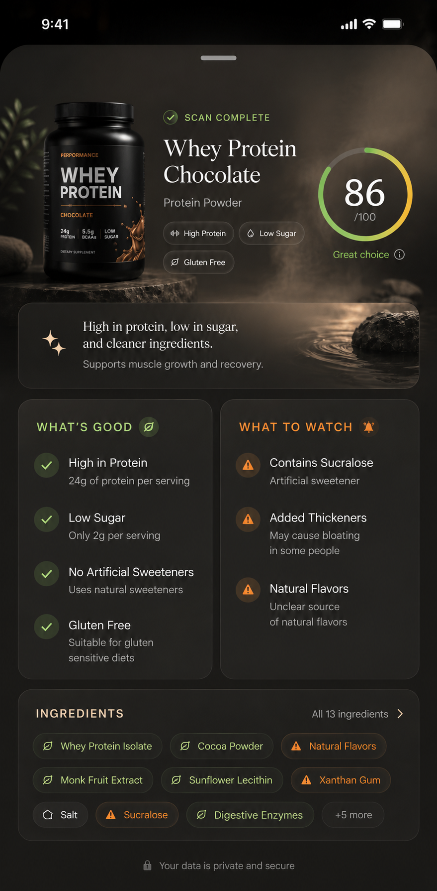 Sauna scan result screen with food score and ingredients